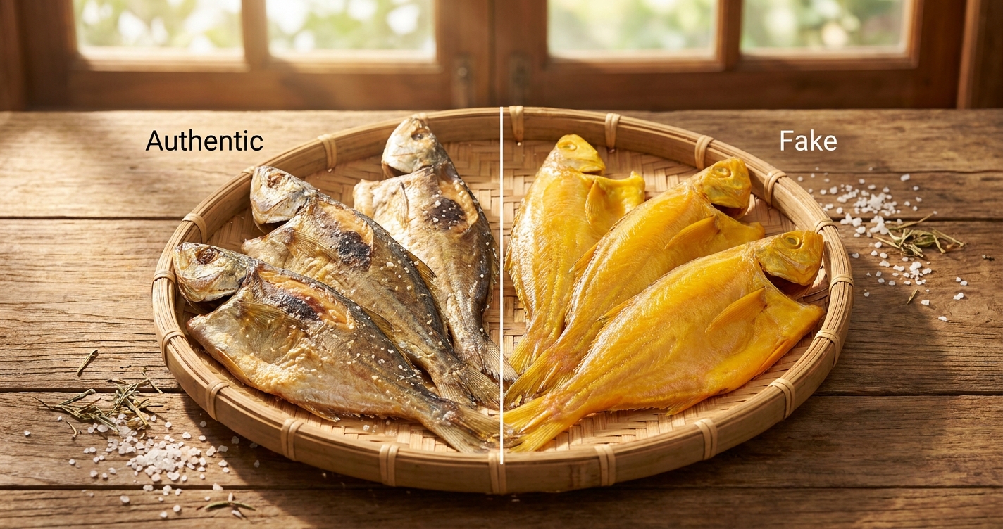 Cá khô một nắng thật trên khay tre, phân biệt với cá giả kém chất lượng