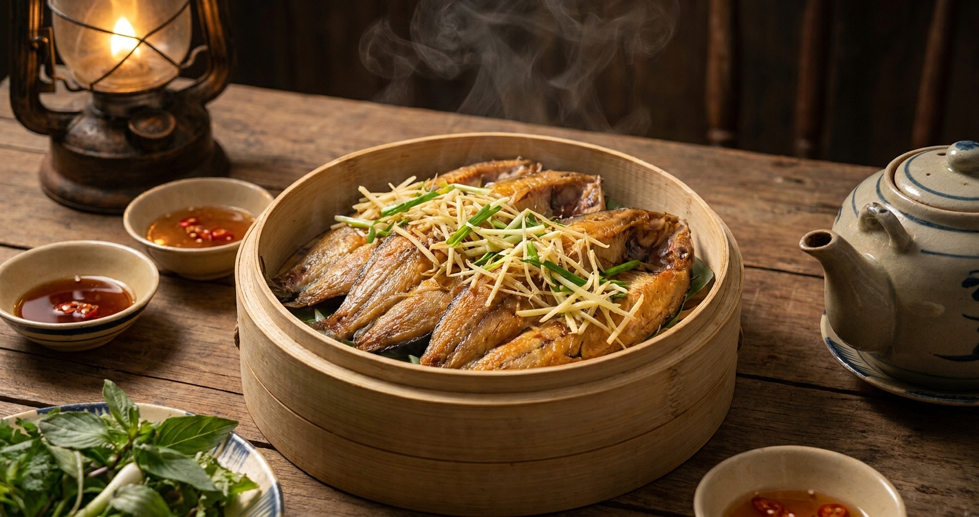 Cá khô một nắng hấp gừng trongahnh hấp, thơm nồng gừng, trình bày trên đĩa