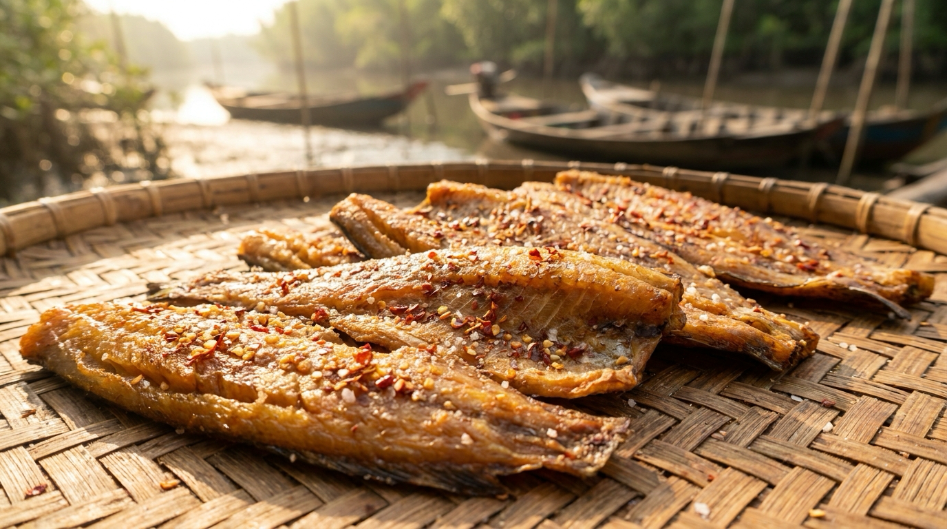 Cá lóc khô một nắng trên vỉ nướng, thịt cá dày vàng óng, đầm Vuông Cần Giờ trong nền