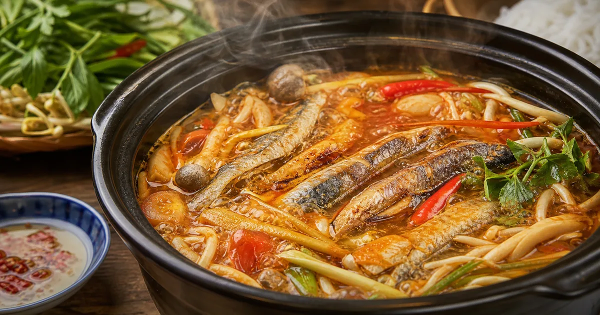 Nồi lẩu Thái chua cay với cá thu một nắng, rau xanh nổi bật trên nền gạch truyền thống