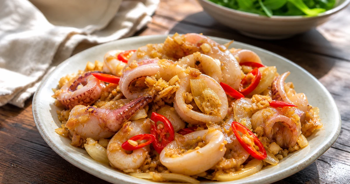 Mực xào thập cẩm sốt dầu hào — mực khoanh trắng, cà rốt, bắp, đậu que, hành tây, sốt bóng