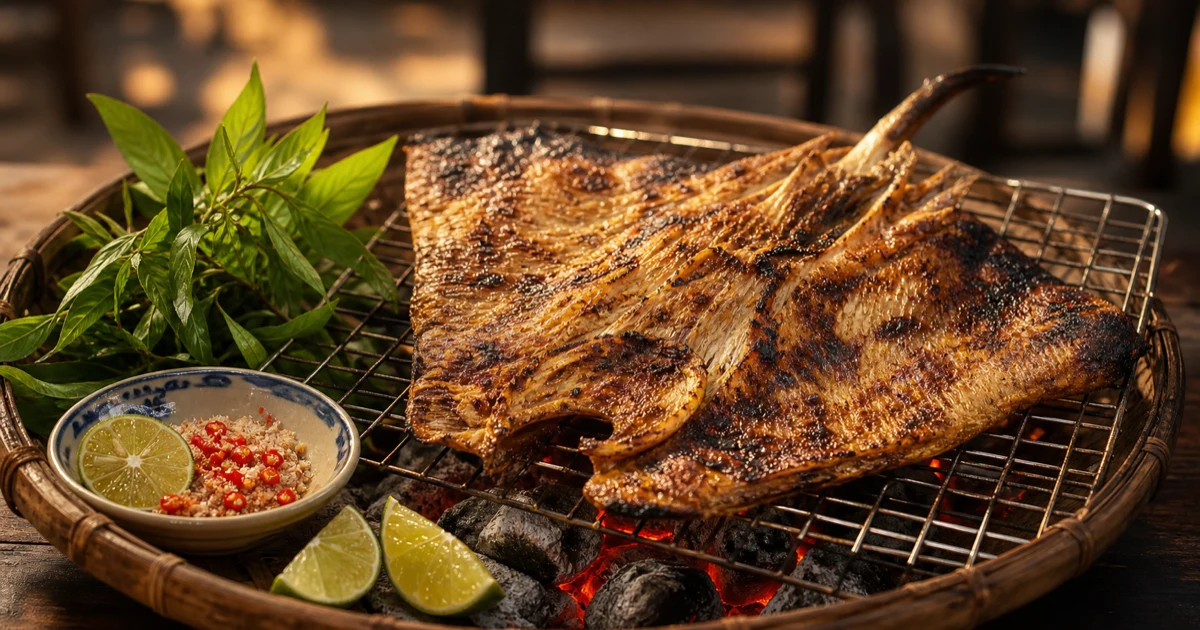 Cá đuối một nắng nướng muối ớt trên vỉ than, da xém vàng, chén muối ớt đỏ và chanh tươi bên cạnh