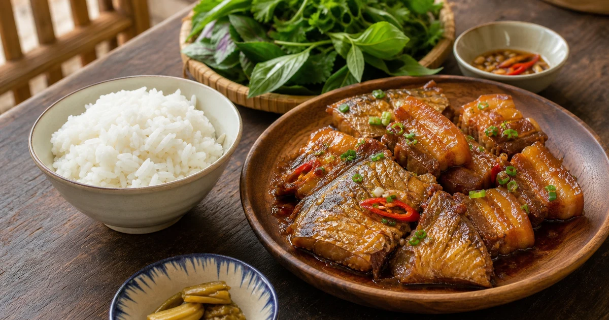 Cá đù một nắng kho thịt ba rợi sánh vàng, nước sốt đậm đà, hành lá rắc trên, cơm trắng bên cạnh