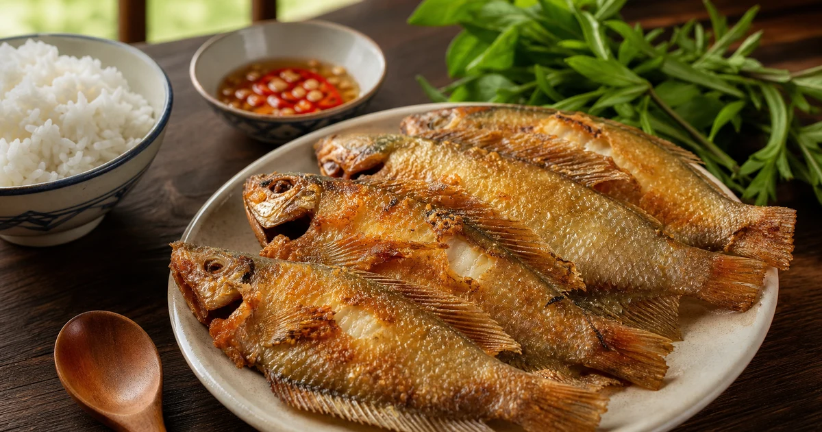 Đĩa cá sặc một nắng chiên giòn vàng đều, lớp da giòn rụm trên nền gỗ