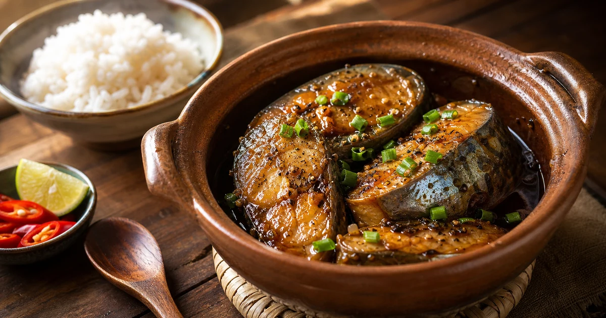 Cá thu một nắng kho tiêu với nước kho sánh mặn ngọt, rắc hạt tiêu đen