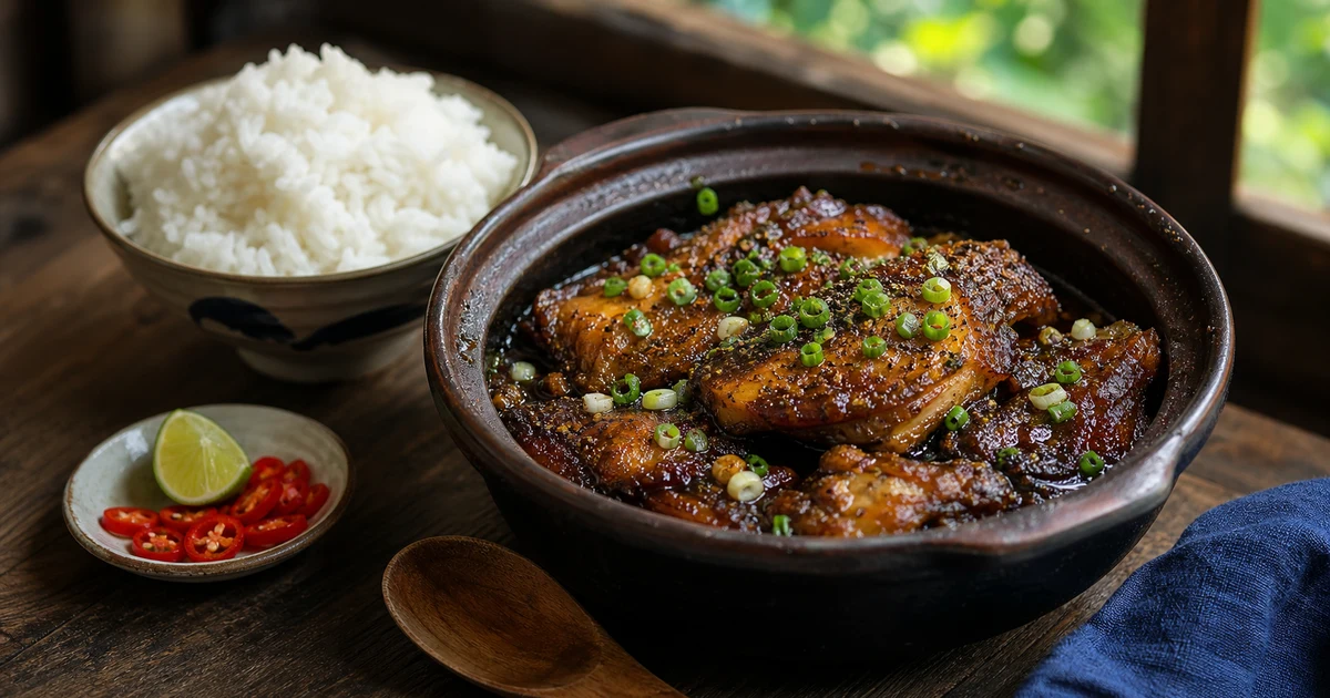 Cá đuối một nắng kho tộ trong nồi đất với nước dừa, thịt ba chỉ, ớt sừng