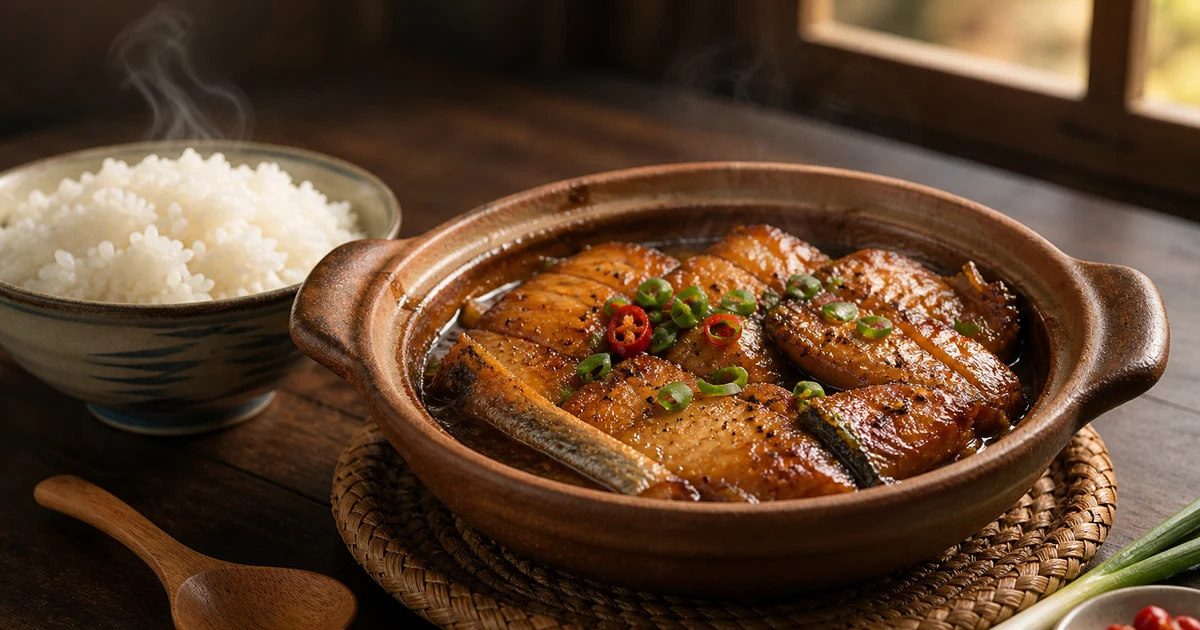 Đĩa cá basa một nắng rim nước mắm tiêu, lớp sốt caramel sánh bám quanh miếng cá, rắc tiêu đen và hành lá, ăn kèm cơm trắng