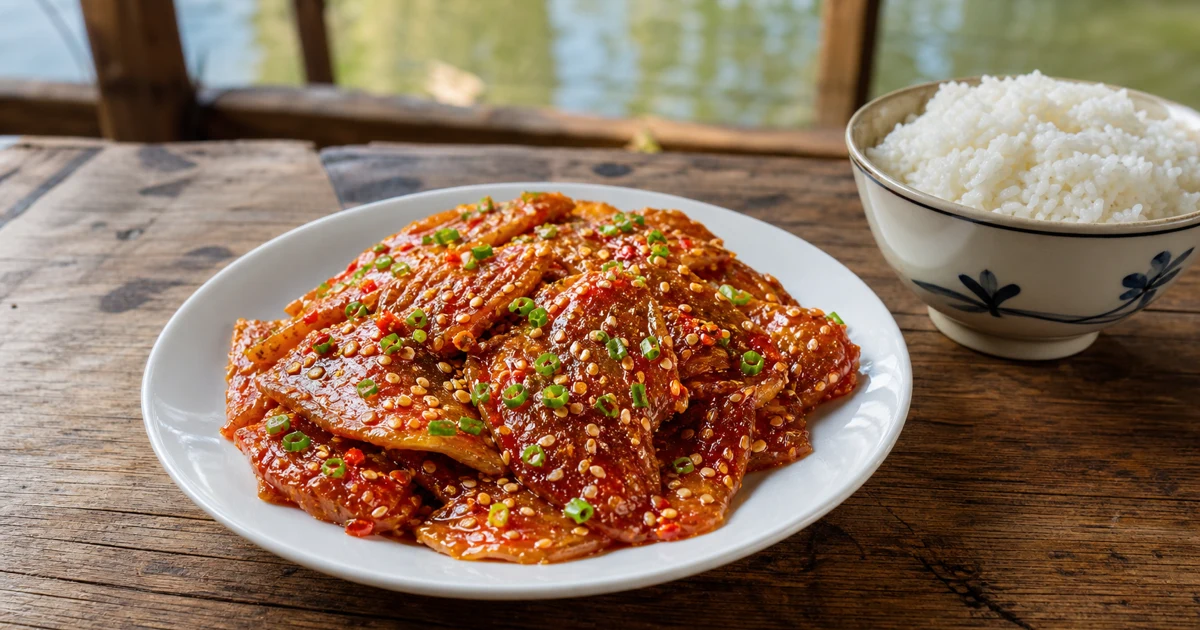 Cá lưỡi trâu một nắng rim me chua ngọt trong chảo nhỏ, sốt me sánh đặc vàng nâu, hành lá phi thơm