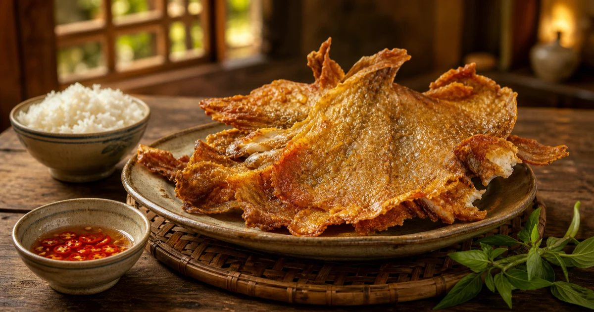 Cá đù một nắng chiên bơ tỏi vàng giòn, rắc tỏi phi vàng thơm lừng, ớt đỏ, lá chanh, cơm trắng bên cạnh