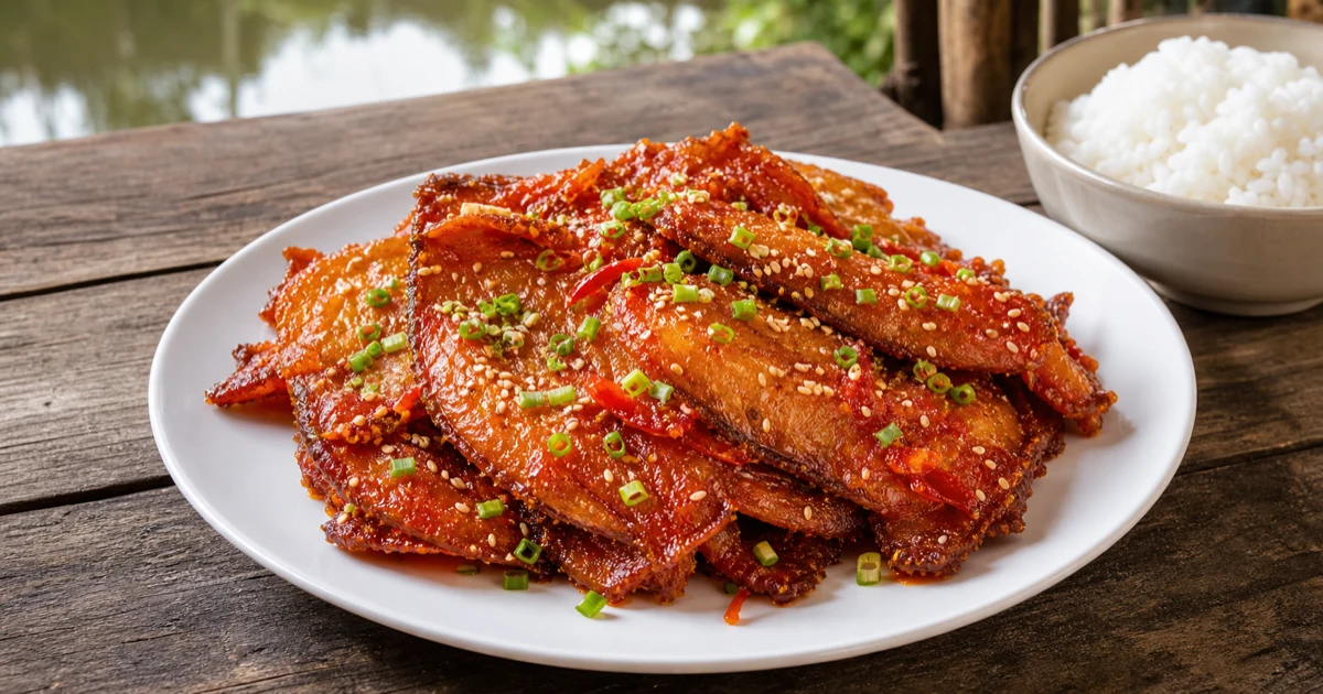 Cá lưỡi trâu ram muối ớt cắt khoanh da vàng rám, muối ớt đỏ bám đều