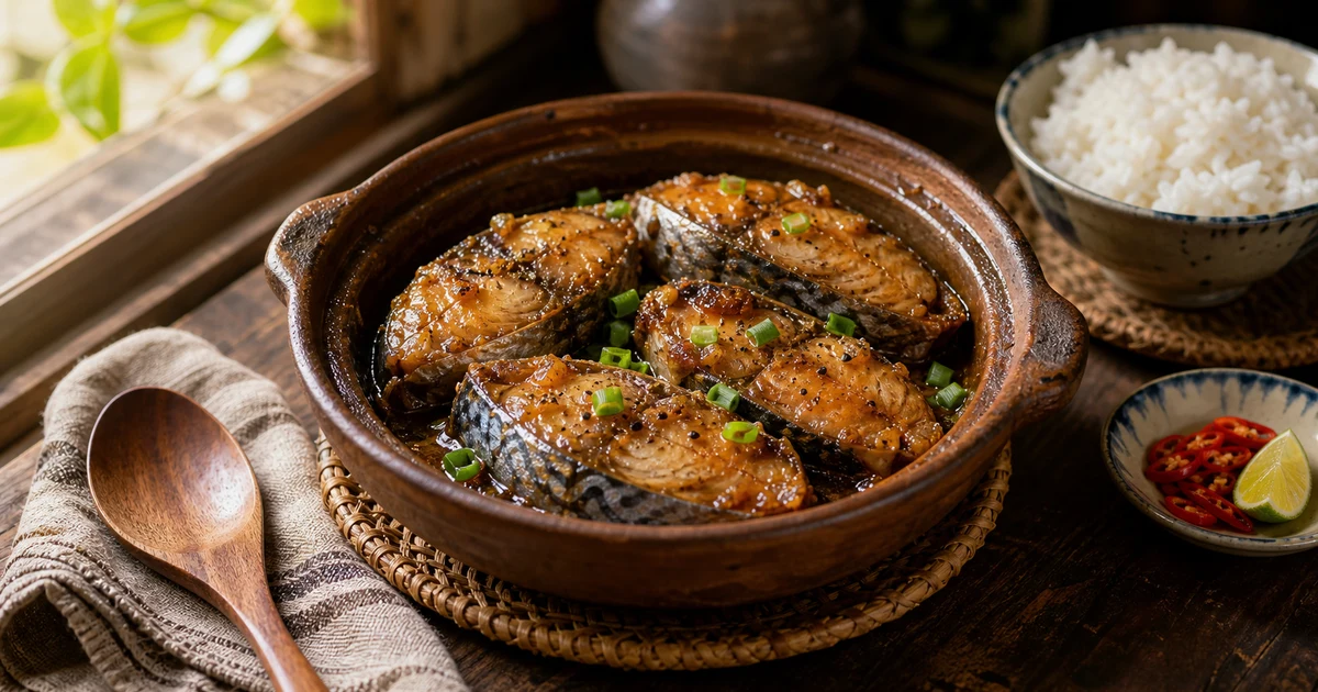 Cá thu một nắng kho tộ trong nồi đất, da vàng nâu, thịt mềm beo, hành lá rắc trên, chén cơm nóng bên cạnh