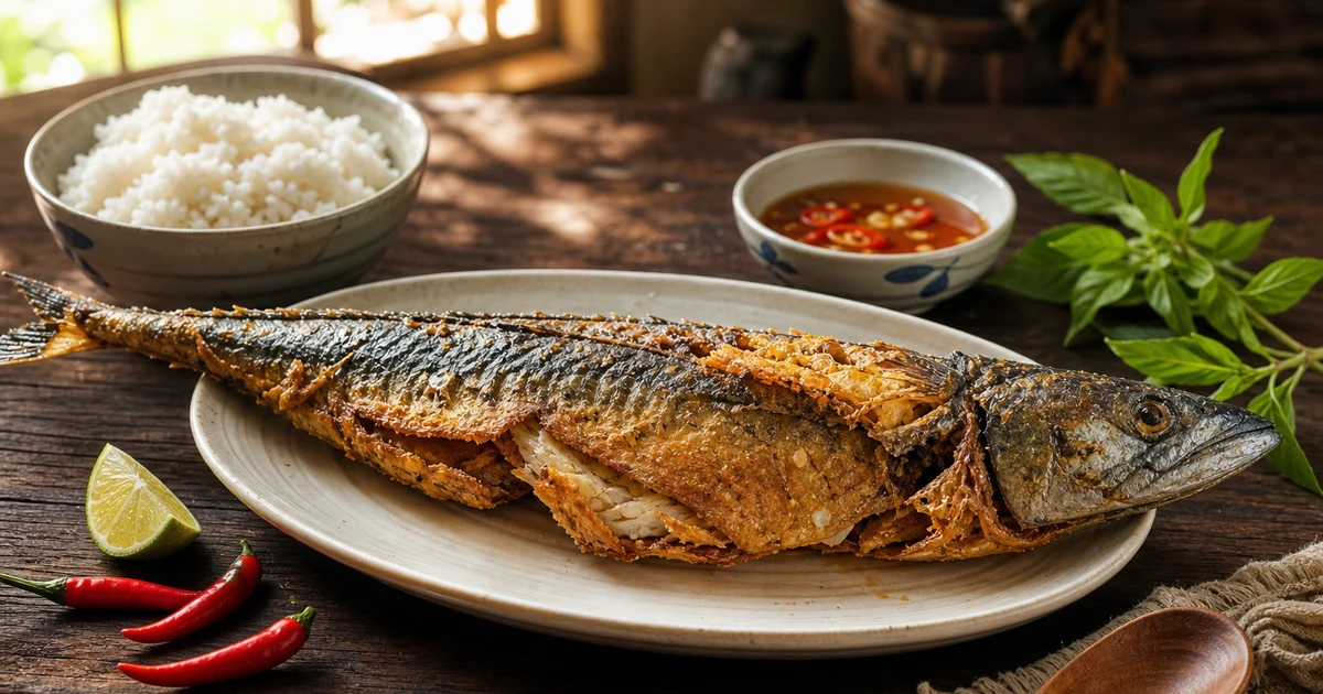 Cá thu một nắng chiên giòn vàng ruộm trên đĩa sứ trắng, kèm chén nước mắm tỏi ớt, chanh, ớt đỏ, bát cơm nóng trên nền gỗ