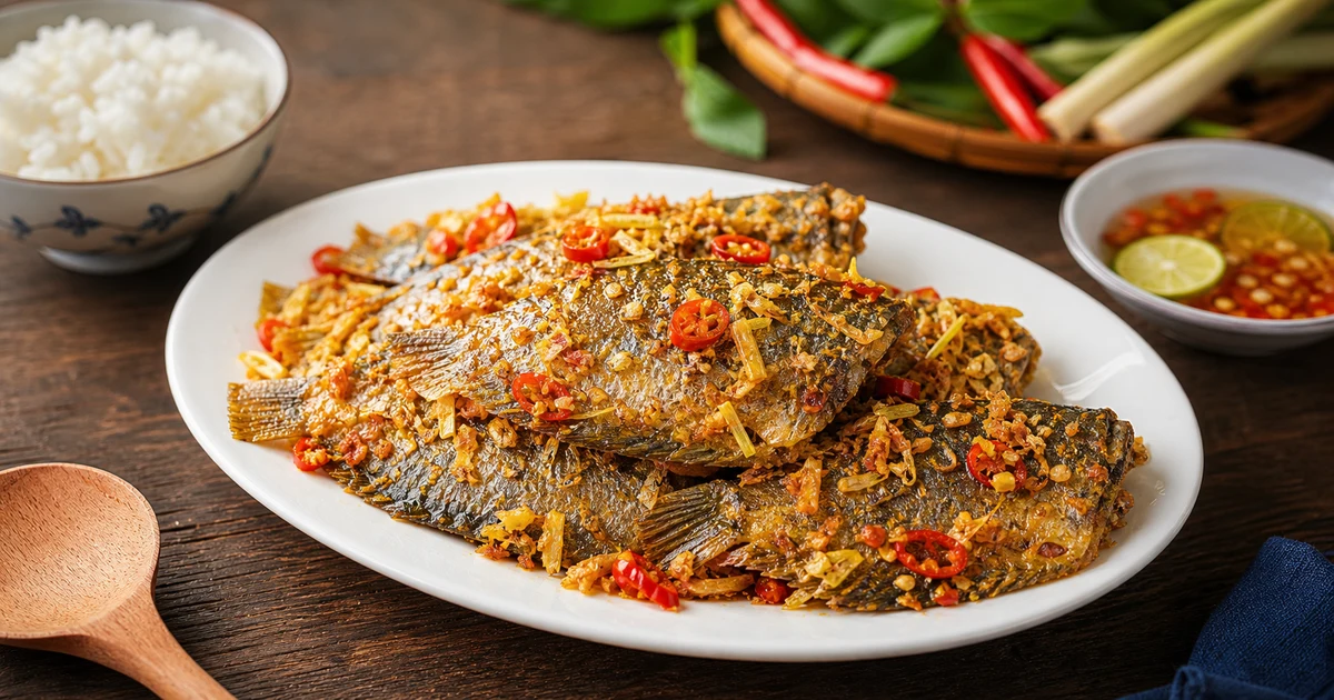 Đĩa cá sặc một nắng hấp hành xì dầu, thịt trắng mềm beo, hành lá xanh và gừng sợi rắc trên, chén nước mắm tiêu ớt bên cạnh, cơm nóng bên cạnh