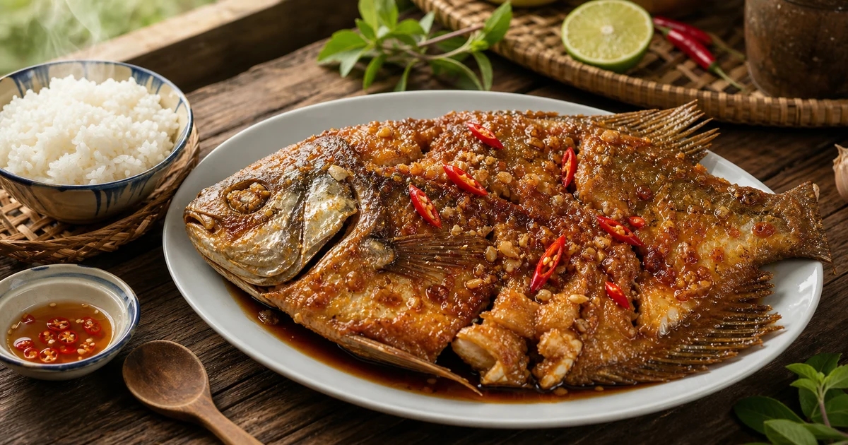 Cá dứa một nắng ram muối ớt vàng giòn trên đĩa với cơm