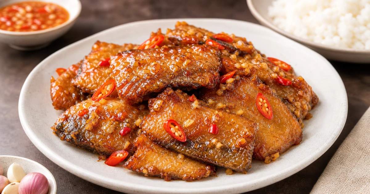 Nồi đất kho cá basa một nắng lát dày với măng tươi, nước kho sánh nâu cánh gián, tiêu đen và hành lá xanh rắc trên, chén cơm nóng bên cạnh