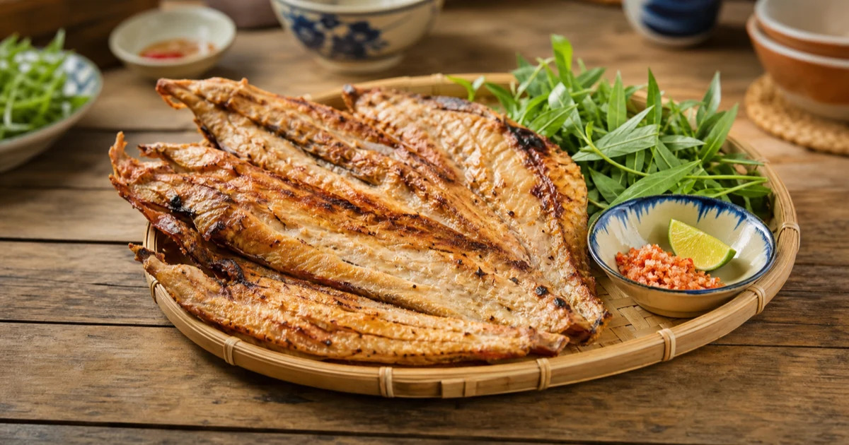 Hai con cá lưỡi trâu một nắng nướng vàng giòn trên mẹt tre, rau thơm và chén muối ớt chanh bên cạnh