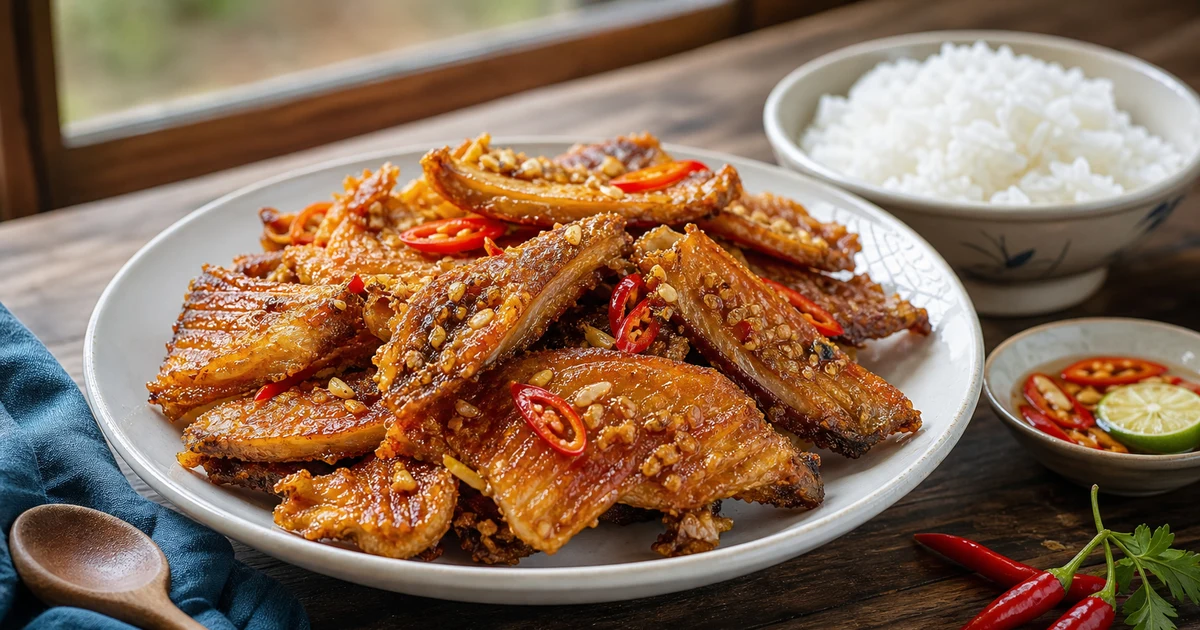 Cá đuối một nắng rim me chua ngọt trong nồi đất, miếng cá phủ glaze nâu óng, hành lá rắc bên trên