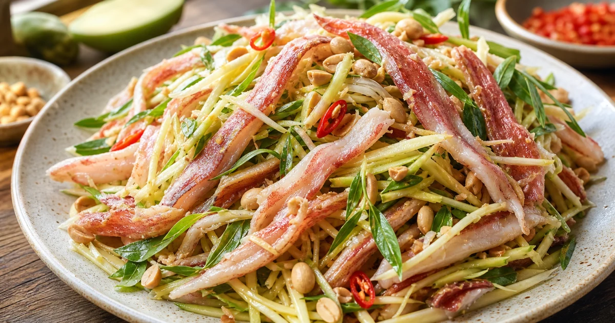 Mực một nắng gỏi xoài tươi với xoài xanh ớt đỏ hành tây, sợi mực dai ngọt trộn rau thơm