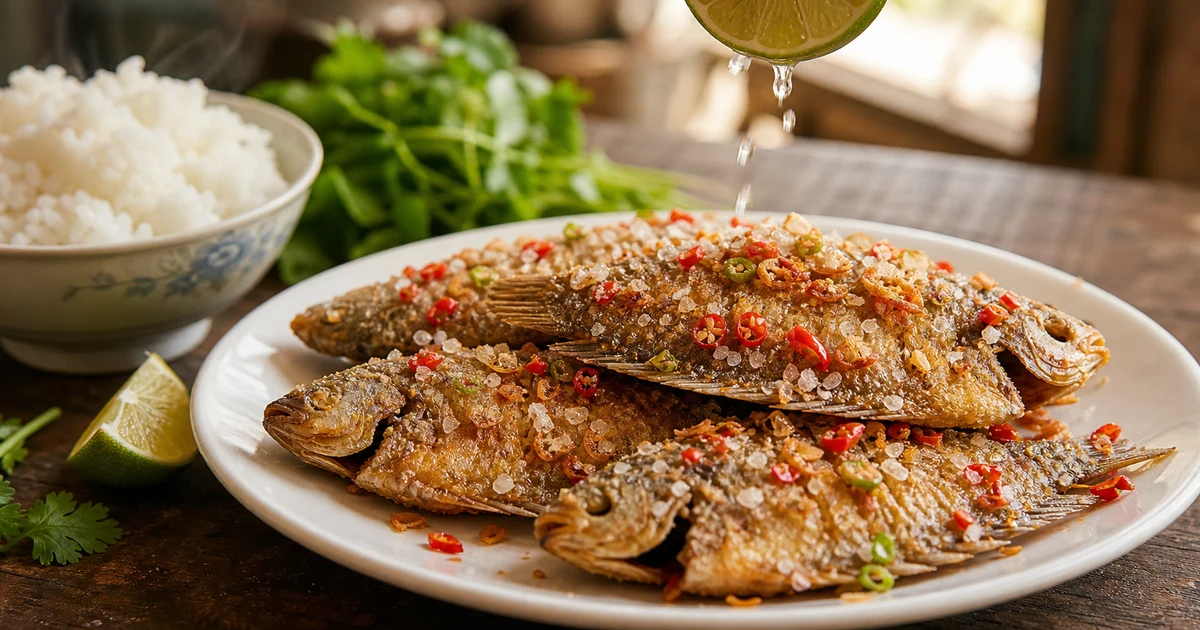 Hai con cá sặc một nắng nướng muối ớt vàng giòn trên đĩa sành