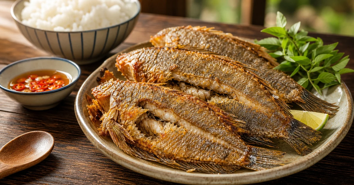 Hai con cá sặc một nắng nướng muối ớt vàng giòn xếp trên đĩa sành, da sém nhẹ, chấm nước mắm ớt chanh bên cạnh, rau thơm trang trí.