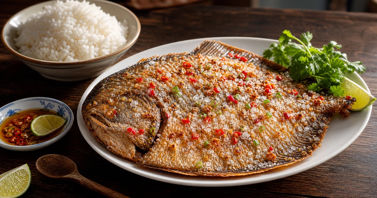 Cá dứa một nắng nướng riềng mẻ trên vỉ than hoa, lớp da vàng sẫm có vết cháy xém, muối ớt chanh và rau thơm bên cạnh