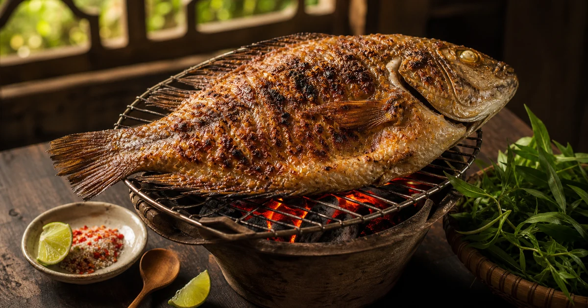 Cá dứa một nắng nướng riềng mẻ trên vỉ than hoa, lớp da vàng sẫm có vết cháy xém, muối ớt chanh và rau thơm bên cạnh
