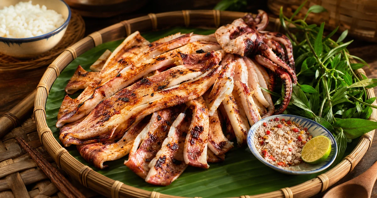 Mực một nắng nướng than nguyên con đặt trên mẹt tre với muối ớt chanh và rau thơm, nền bàn gỗ mộc, ánh sáng ấm food photography