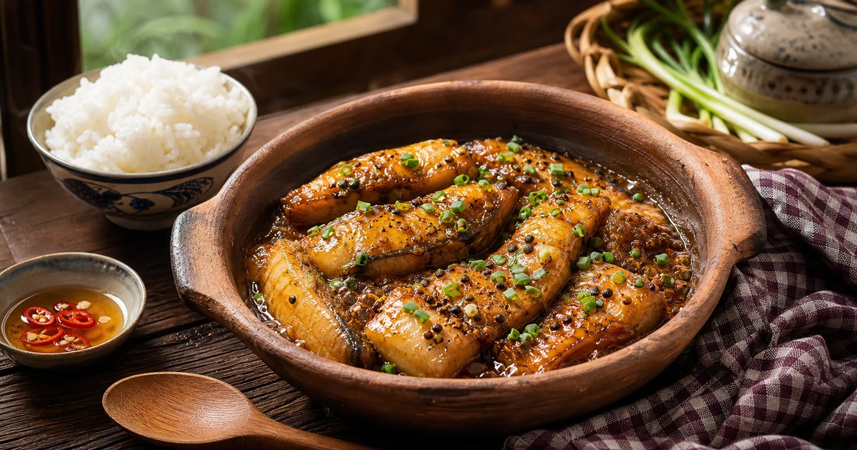 Nồi đất kho cá basa một nắng với cà chua tươi, tiêu đen, hành lá, chén nước mắm ớt bên cạnh
