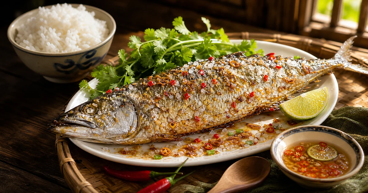 Cá thu một nắng nướng muối ớt vàng giòn trên đĩa sứ trắng, rắc muối hạt to và ớt đỏ cắt nhỏ, kèm chanh vàng cắt múi, bát cơm trắng bên cạnh, mẹt tre, food photography