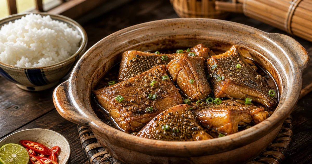 Cá đuối một nắng nấu cháo trong nồi đất, nước dùng vàng óng, hành lá rắc trên, chén ớt chanh bên cạnh