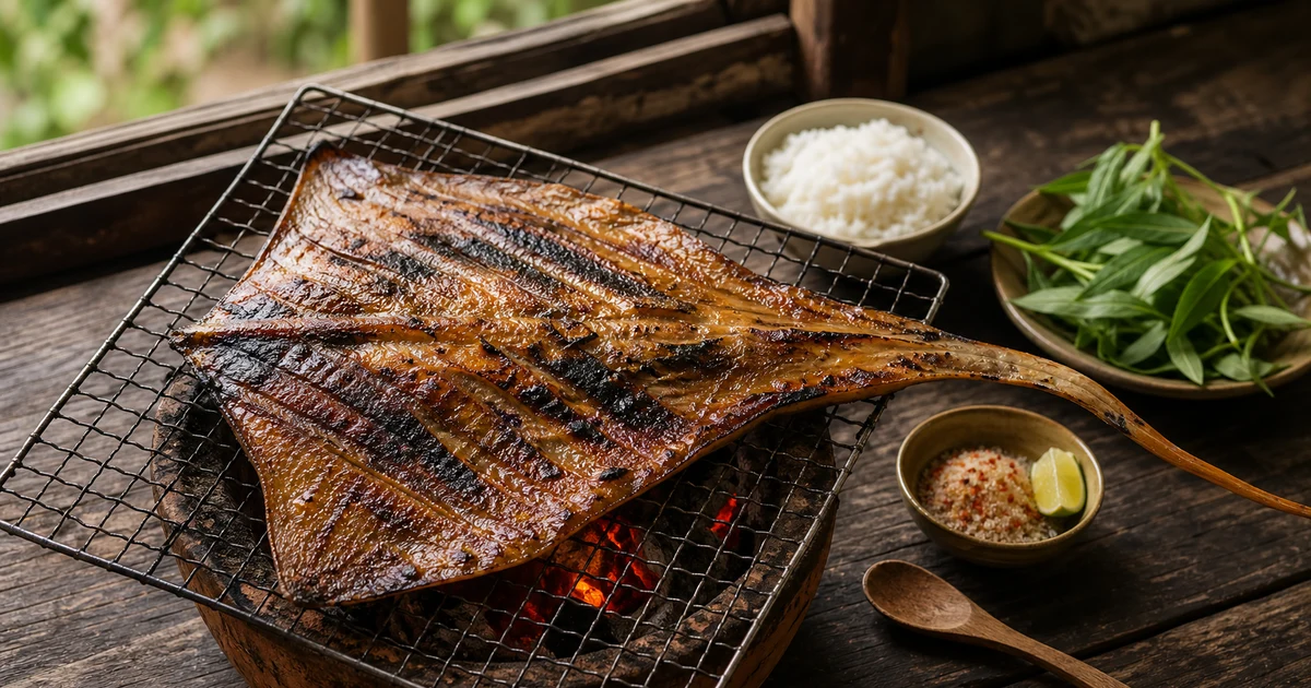 Cá đuối một nắng nướng than nguyên con đặt trên mẹt tre, char marks vàng óng, chén muối ớt đỏ và chanh tươi bên cạnh, nền gỗ mộc