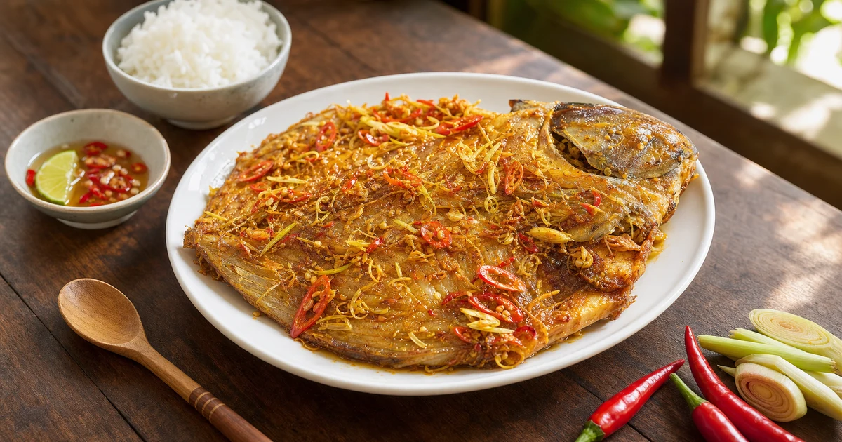 Nồi lẩu cá dứa nấu bún mắm với nước dùng đỏ cam, sả ớt nổi trên mặt, miếng cá dứa dày, bún tươi và rau sống bên cạnh
