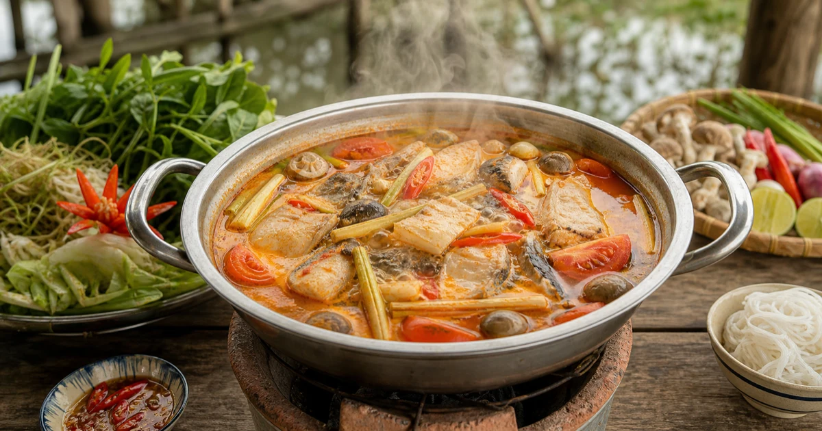 Nồi lẩu cá dứa nấu bún mắm với nước dùng đỏ cam, sả ớt nổi trên mặt, miếng cá dứa dày, bún tươi và rau sống bên cạnh
