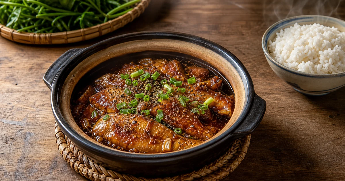 Nồi đất rim cá đù một nắng với glaze me chua ngọt, hành lá xắt nhỏ và tiêu đen trên mặt, chụp trên nền gỗ với đĩa cơm nóng bên cạnh
