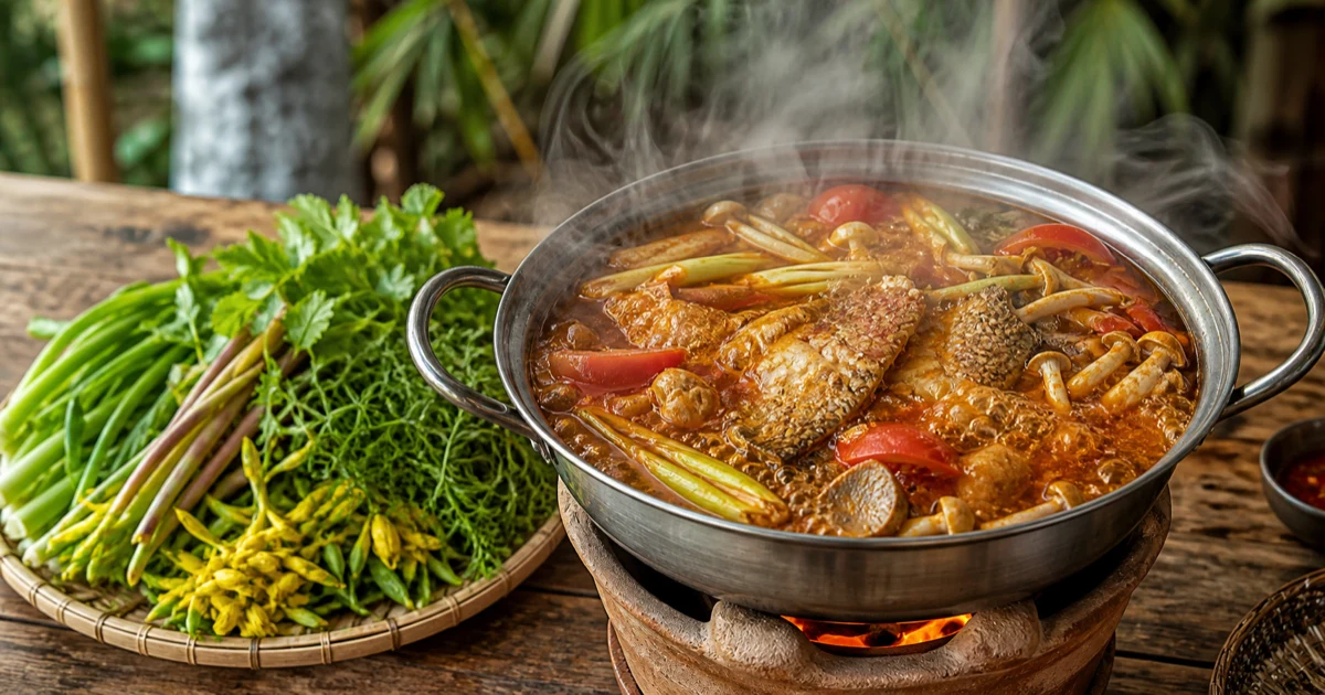 Nồi lẩu cá sặc một nắng nước dùng đỏ, có sả, cà chua và rau thơm