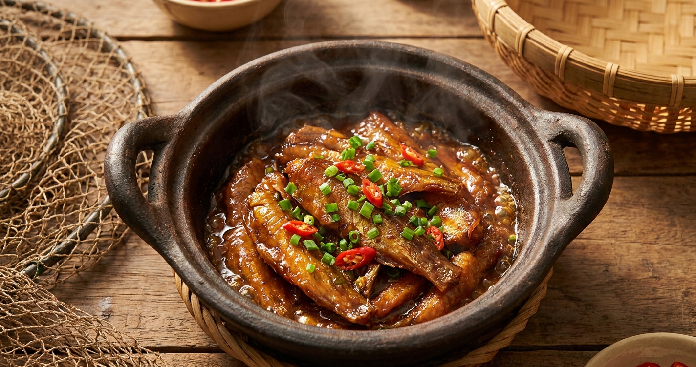 Đĩa cá khô một nắng kho tộ đất nung vàng đậm, thơm nức mũi