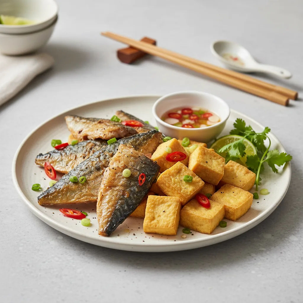 Đĩa cá thu một nắng chiên dầu giòn vàng đều, bên cạnh cơm trắng và rau sống