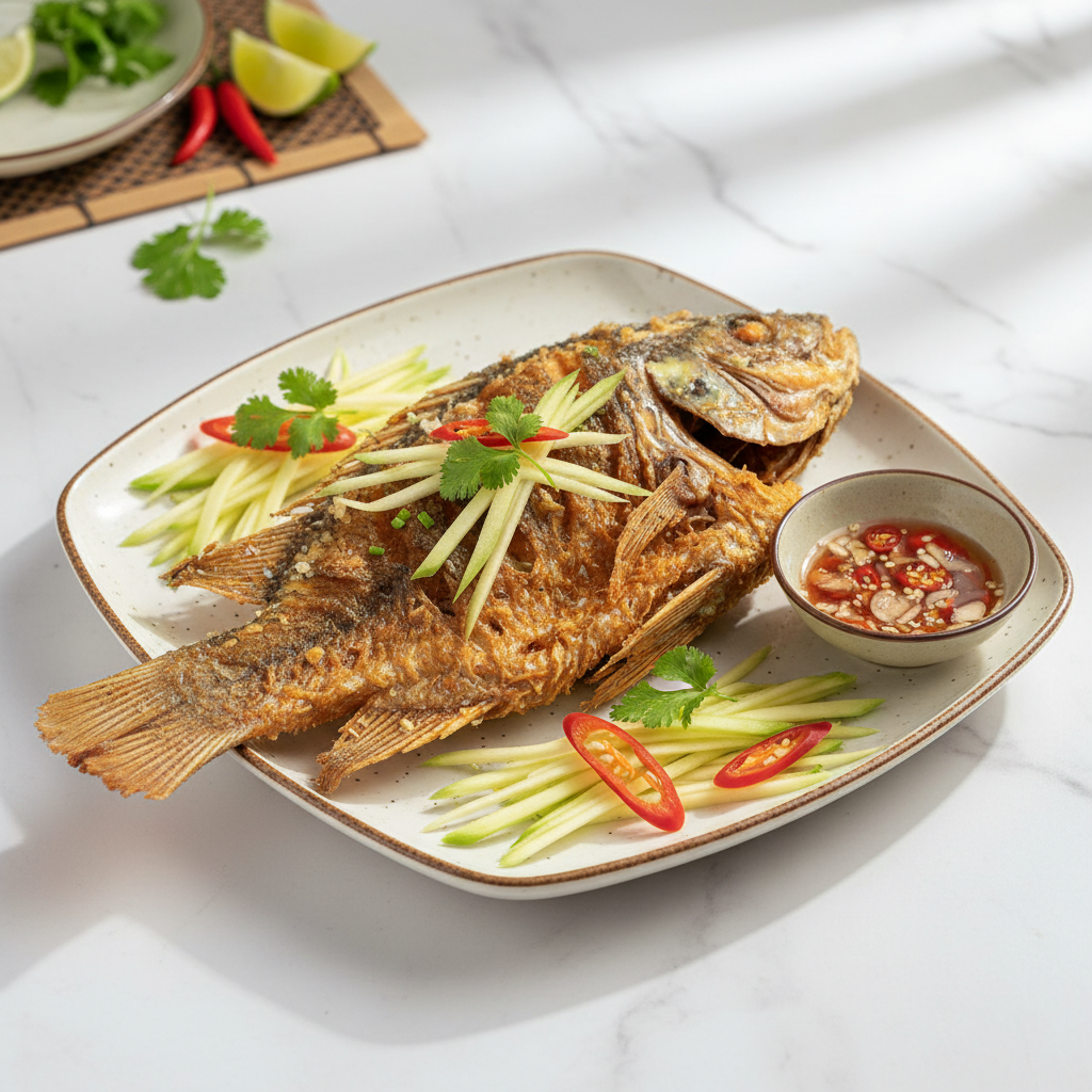 Đĩa cá basa một nắng chiên xải vàng óng, giòn rụm, rắc tiêu và hành lá