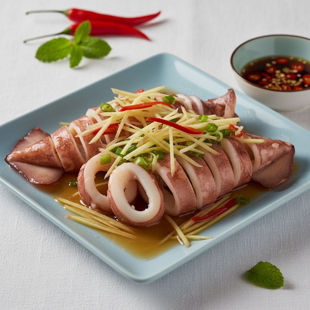 Mực một nắng hấp gừng vàng ngon, thơm nức trên đĩa trắng