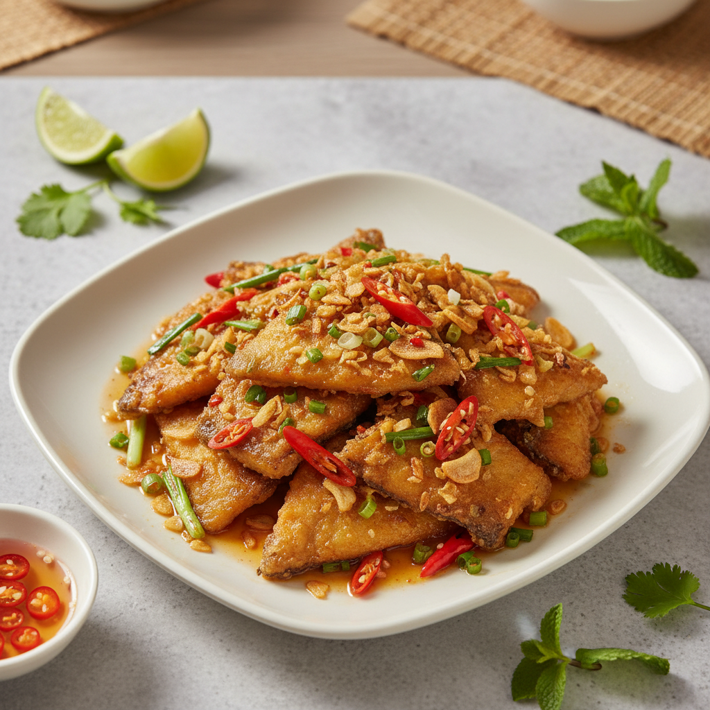 Cá đuối một nắng chiên tỏi ớt vàng giòn trên đĩa, thơm nức mũi