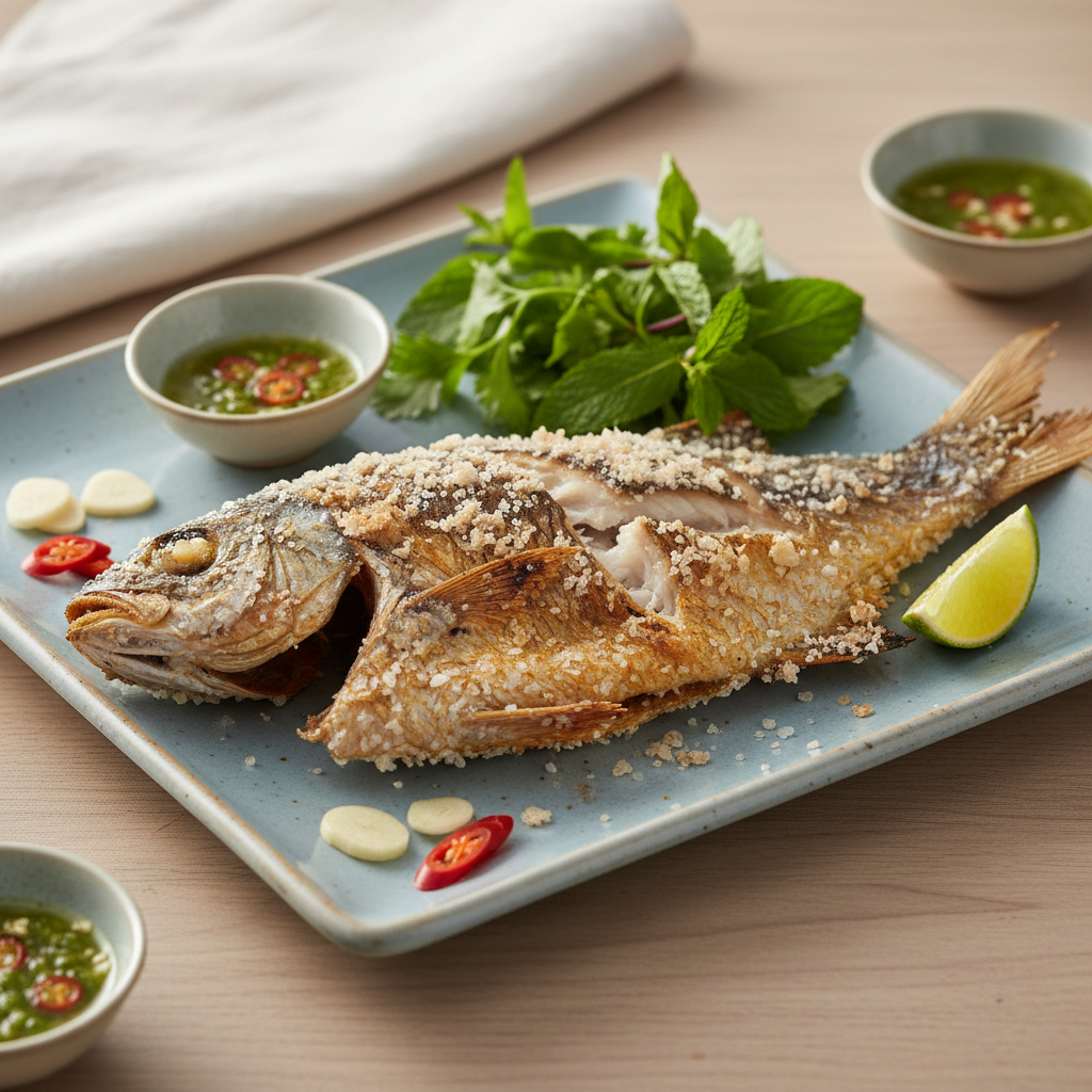 Đĩa cá đù một nắng nướng muối vàng giòn trên vỉ nướng, có bên là bánh tráng và rau thơm