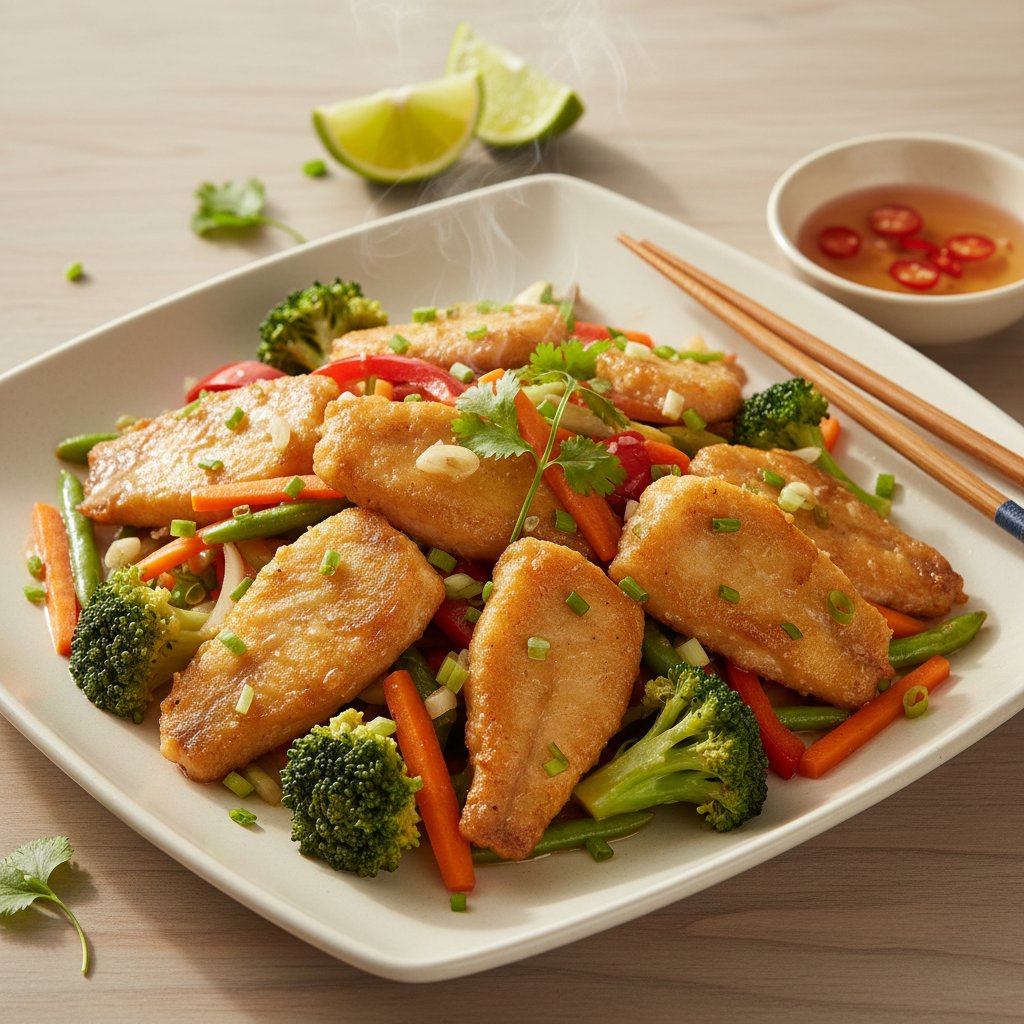 Đĩa cá basa một nắng xào rau củ tươi ngon mắt với màu sắc bắt rand với rau xanh và thịt cá vàng óng