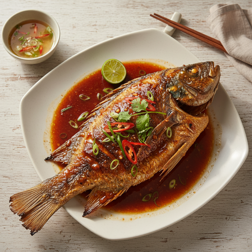 Miếng cá dứa một nắng phết sốt BBQ nướng trên vỉ than hồng, lớp sốt vàng bóng, rắc mè rang và hành lá