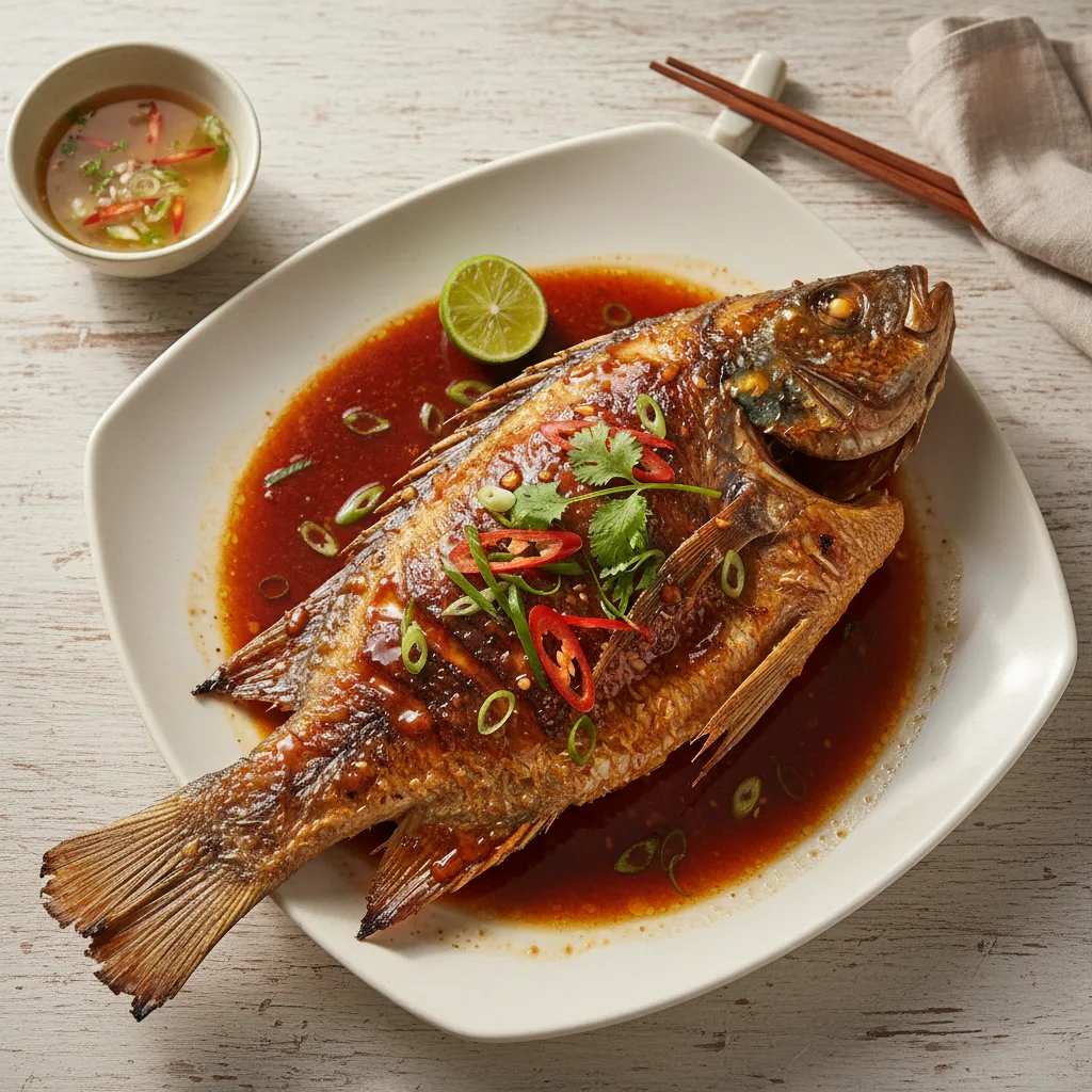 Miếng cá dứa một nắng phết sốt BBQ nướng trên vỉ than hồng, lớp sốt vàng bóng, rắc mè rang và hành lá