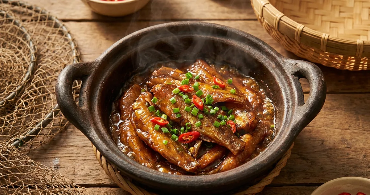 Cá đuối một nắng ram bánh pía vàng giòn trên đĩa, đặc sản Sóc Trăng