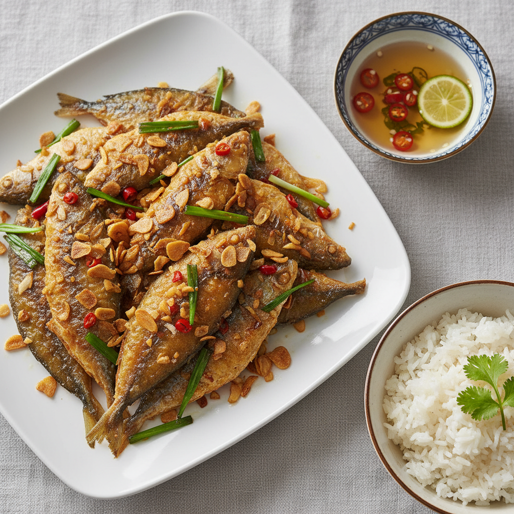 Đĩa cá đù một nắng rang tỏi vàng giòn trên đĩa, có tép tỏi rán vàng xung quanh, nền gỗ tự nhiên