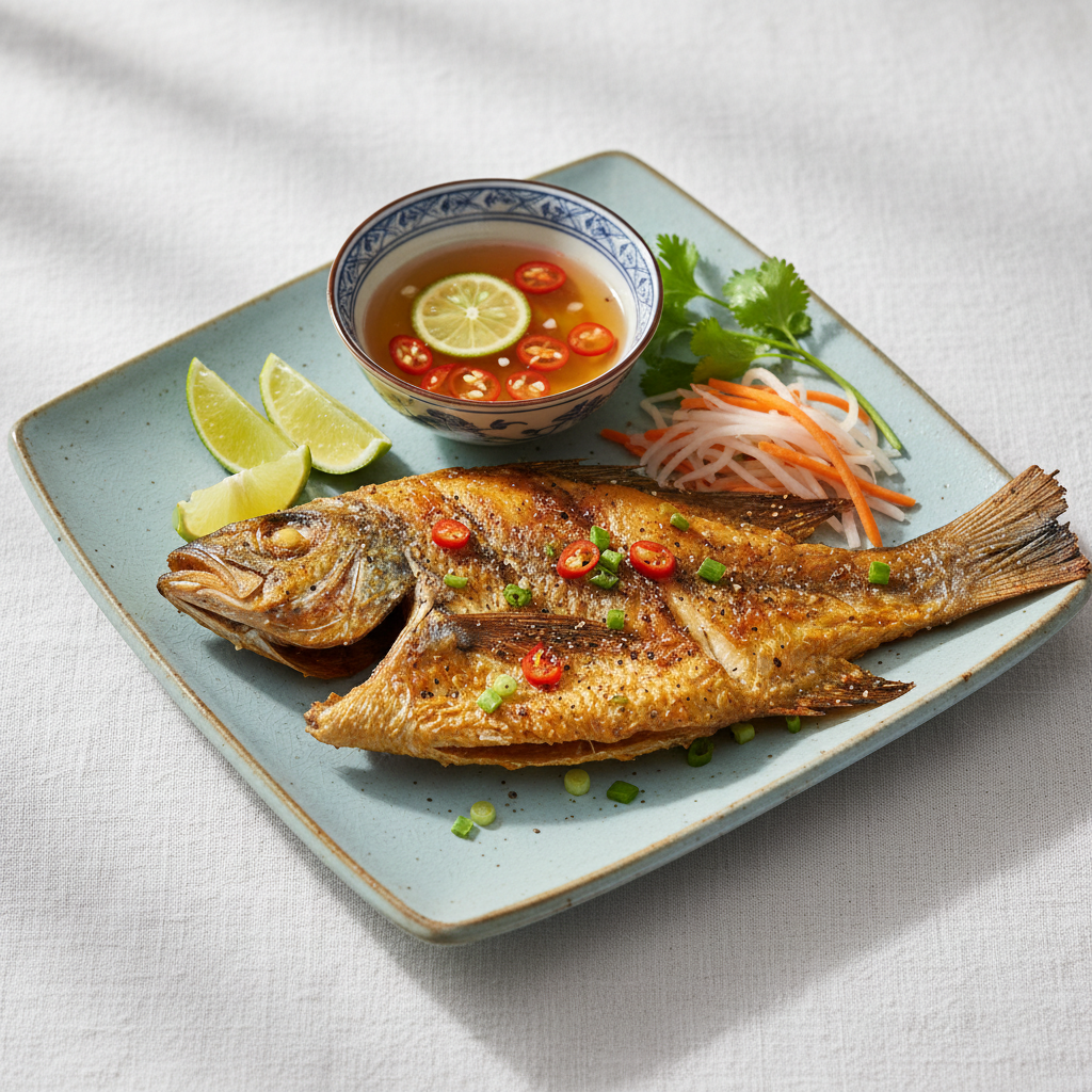 Miếng cá lưỡi trâu một nắng nướng trong lò vi sóng trên đĩa, da vàng giòn, thịt trắng bong, khói bốc nhẹ