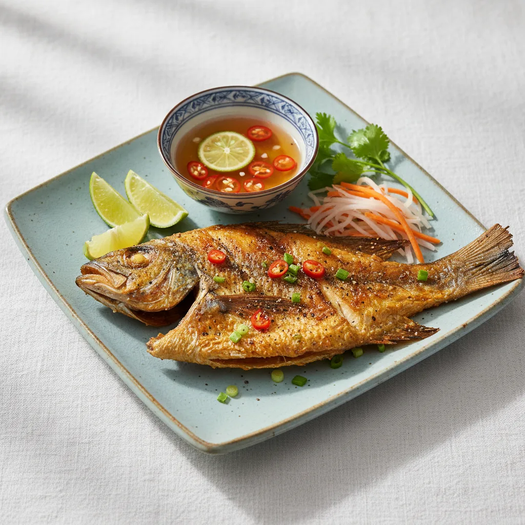 Miếng cá lưỡi trâu một nắng nướng trong lò vi sóng trên đĩa, da vàng giòn, thịt trắng bong, khói bốc nhẹ
