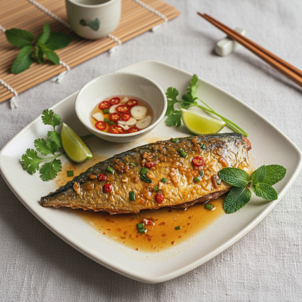 Đĩa cá thu một nắng chiên nước mắm vàng giòn, mặt cá sáng bóng, xung quanh có nước mắm mật ong rưới, nền gỗ tự nhiên