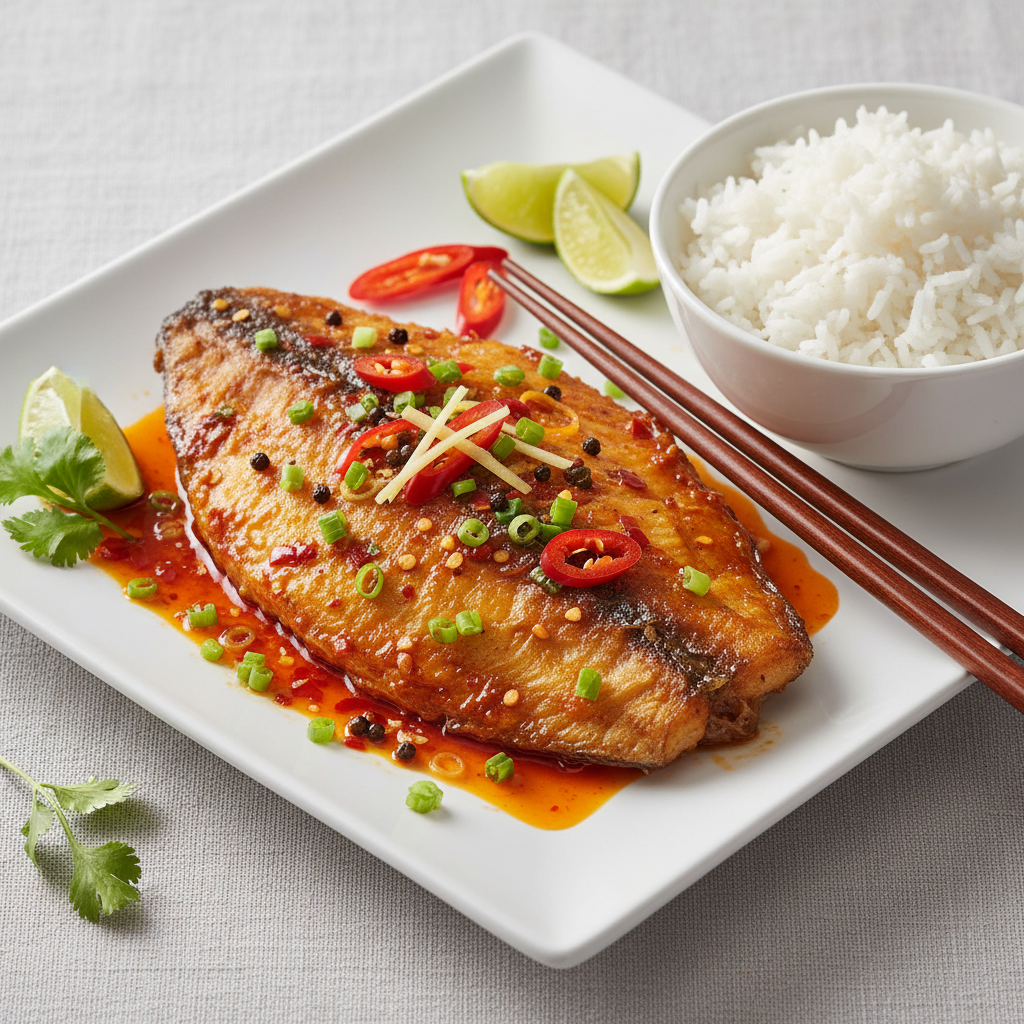 Đĩa cá dứa một nắng Szechuan vàng óng trên đĩa trắng, rắc ớt Tứ Xuyên và hành lá, nền gỗ tự nhiên